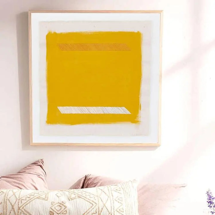 Gold Lion Parallel Lines Art Print, Calla Collective, large art print, modern art print, embroidery art, textured art print, 3d art, 3d art print, yellow wall art, yellow art, yellow and white art, bright art, bold art, colorful art, above couch art, print wall art, modern art, Art Prints, Wall Art, spring 2022, home decor trends 2022, home decor gift ideas, home decor store near me, calla home