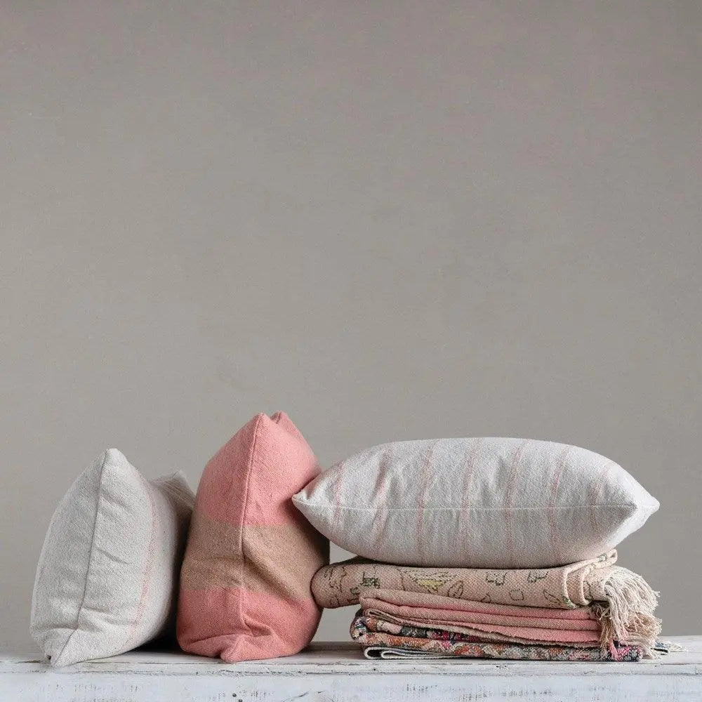 home decor near me, home decorations, home decor website, pink lumbar pillow, striped pillow, striped lumbar pillow, natural, colored lumbar pillow, home decor, simple pillows, vintage pillows, natural pillows, in stock, calla collective home, bedroom decor, living room decor, lounge seating